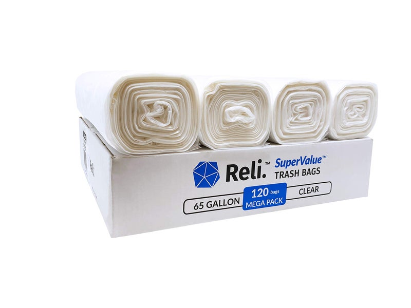 Reli. SuperValue 65 Gallon Trash Bags | 120 Count | Made in USA | Heavy Duty | Bulk | Clear Multi-Use Garbage Bags - Image 1